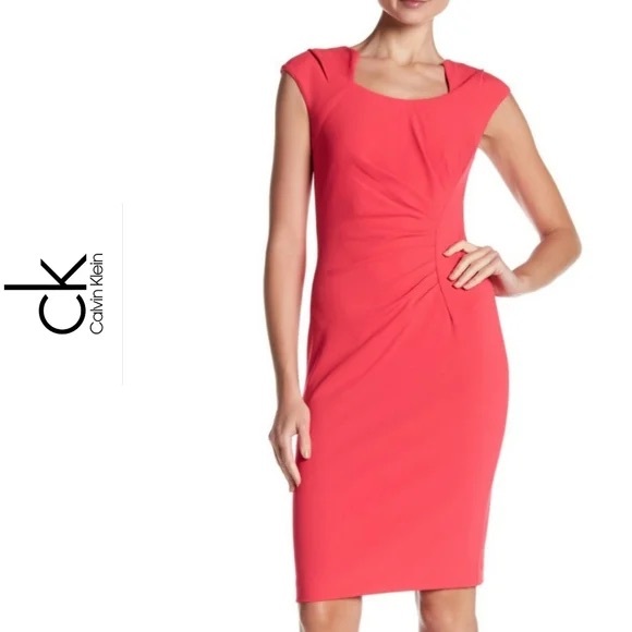Calvin Klein Pink Horseshoe Neck Ruched Sheath‎ Dress - Picture 1 of 8
